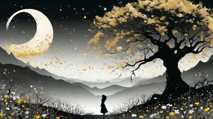 vetor arte, surreal, a field of flowers, in the distance an old tree, mountains, textures, it appears as a shadow, In front of the majestic crescent Moon, The wind causes flower petals to fly, giving a mystical air to the scene, In the foreground, The Shad...
