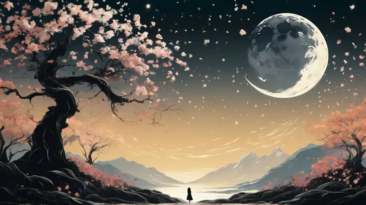 vetor arte, surreal, a field of flowers, in the distance an old tree, mountains, textures, it appears as a shadow, In front of the majestic crescent Moon, The wind causes flower petals to fly, giving a mystical air to the scene, In the foreground, The Shad...
