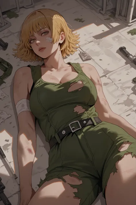 1 girl, confident look, voluptuous, lying on floor, bruises on body, short blonde hair with bangs, moss green military jumpsuit torn, military tag, black tank top, bandages