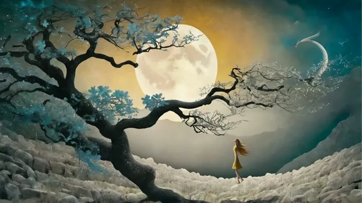 vetor arte, surreal, a field of flowers, in the distance an old tree, mountains, textures, it appears as a shadow, In front of the majestic crescent Moon, The wind causes flower petals to fly, giving a mystical air to the scene, In the foreground, The Shad...
