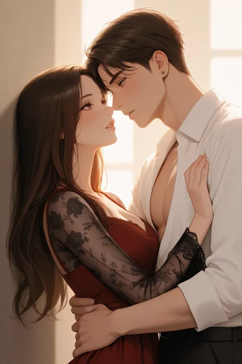"A highly detailed semi-realistic digital painting of a passionate couple in an intimate embrace. The male character, with sharp jawline, tousled dark hair, and piercing eyes, has a dominant yet protective aura. He wears a partially unbuttoned black dress ...
