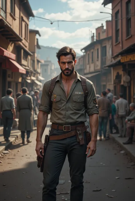 A guy with brown hair, black eyes, slightly dark skin, black eyebrows, a small black beard on the street in town