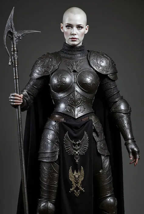 A tall female human paladin with large breasts dressed in darkly etched fullplate armour. She has a sad smile and a shaven head. Her skin is white, her eyes are light green, and her face is tired and depressed. She has a large crescent halberd with an ebon...