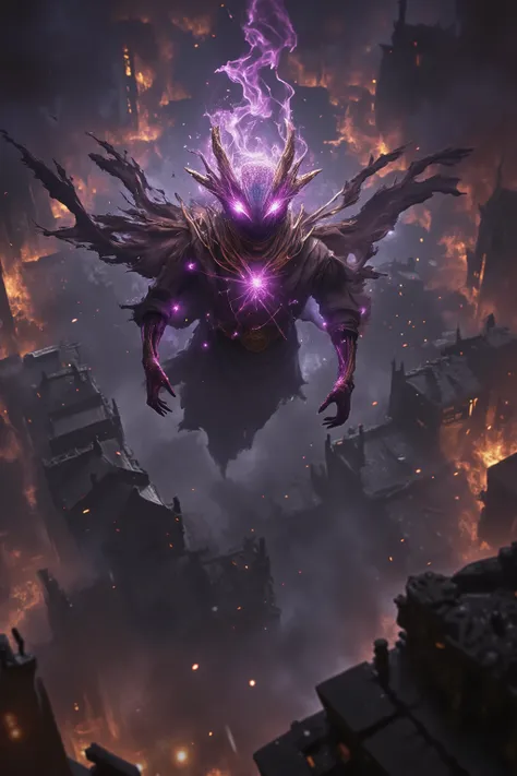 Afterlife, enigmatic, mystery, he flying from sky and watching on mediaval city, fog of war, elemental, badass, glowing purple eyes, golden grin mouth #beyondtheveil