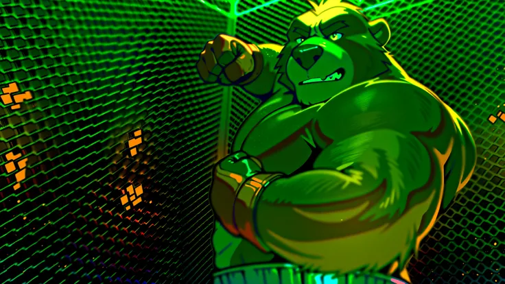 Huge muscular thick brown fur Kodiak Bear bodybuilder, shirtless, in black MMA shorts with red slits, MMA gloves with red pads, training hard for the MMA tournament. Punching and kicking workout. Champion.