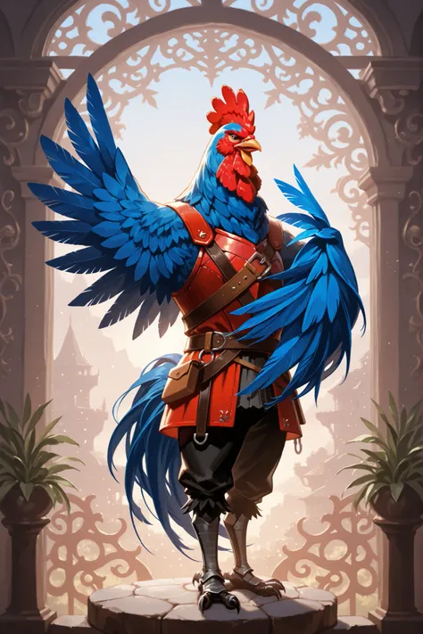 Anthropomorphic Rooster, blue feathers, adventurer outfit, lightly armored, singing, fantasy background