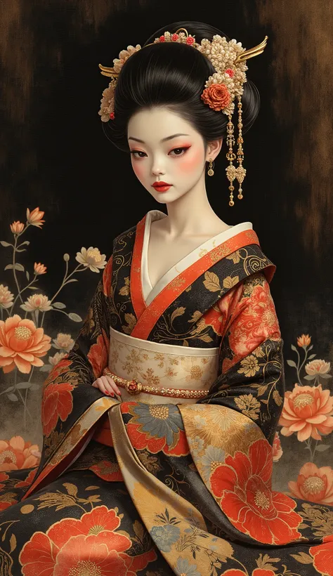  proportions and detailed textures , multicolor painting and blurred by airbrushing, semi-realistic Chinese ink illustration A young traditional geisha is shown sitting on a pillow (full size pose and high quality) wear traditional Japanese (west) outfit, ...