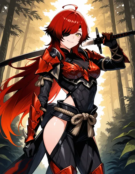 score_9, score_8_up, score_7_up, source_anime, 1girl, solo, smile, ahoge, eyepatch, holding sword unsheathing, wolf cut, very long hair, red hair, gradient hair, multicolored hair, detailed eyes, Enchanting Eyes, yellow eyes, odograon armor, red gauntlets,...