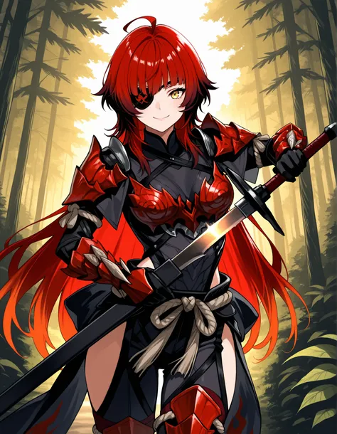 score_9, score_8_up, score_7_up, source_anime, 1girl, solo, smile, ahoge, eyepatch, holding sword unsheathing, wolf cut, very long hair, red hair, gradient hair, multicolored hair, detailed eyes, Enchanting Eyes, yellow eyes, odograon armor, red gauntlets,...