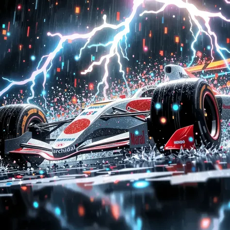 Formula 1、McLaren Honda mp4/4 +Marlboro Color、The Monaco Grand Prix during a thunderstorm with splashes of water、high quality、4K、real、photorealistic、Professional、extremely detailed for professionals、dramatic lighting、HDR、UHD、Delicate Oil Painting、 sharp fo...