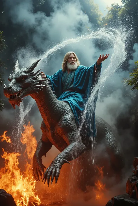 a water wizard blasting water from his hands at wildfires in the amazon as he rides a fire breathing dragon, vivid colors, epic, heroic