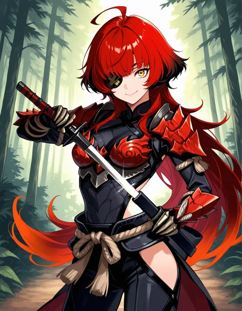score_9, score_8_up, score_7_up, source_anime, 1girl, solo, young, big eyes, smile, ahoge, eyepatch, holding sword unsheathing, wolf cut, very long hair, red hair, gradient hair, multicolored hair, detailed eyes, Enchanting Eyes, yellow eyes, odograon armo...