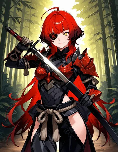 score_9, score_8_up, score_7_up, source_anime, 1girl, solo, young, big eyes, smile, ahoge, eyepatch, holding sword unsheathing, wolf cut, very long hair, red hair, gradient hair, multicolored hair, detailed eyes, Enchanting Eyes, yellow eyes, odograon armo...