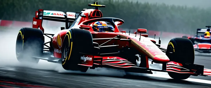(Photorealism, retina, accurate, super detail, best quality, 8k, extremely precise in every detail, beautiful detailed glow, beautiful attention to detail:1.3), Foggy race day intensifies as Formula 1 cars sprint through the mist, One of the Formula 1 car ...