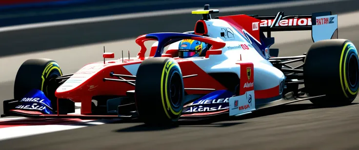(Photorealism, retina, accurate, super detail, best quality, 8k, extremely precise in every detail, beautiful detailed glow, beautiful attention to detail:1.3), a Formula 1 car speeding through a curve on the track, showcasing its sleek white and red desig...