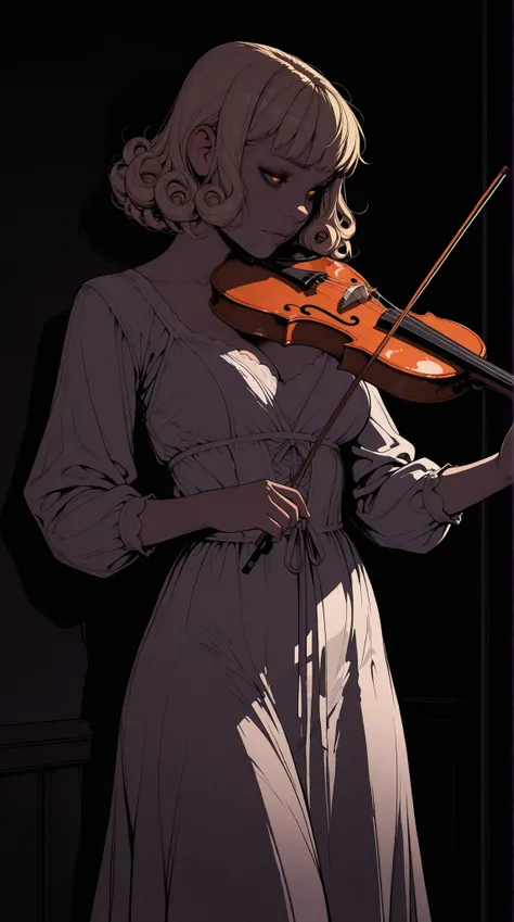 HDR, 8K, high contrast, masterpiece, best quality, amazing quality, very aesthetic, realistic, newest, volumetric lighting, (flat colors:0.7), (incase:0.3), (tsuaii:0.3),A blonde girl holding a violin, 30 years old, curly hair, white dress, cleavage, 1920 ...