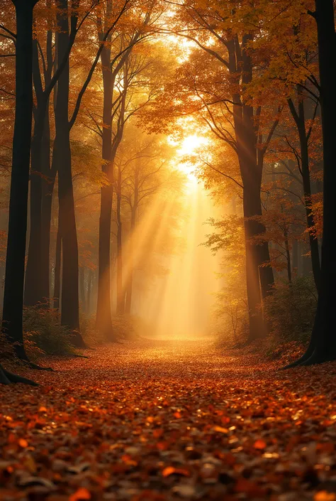 “A serene autumn forest at sunset, where golden leaves blanket the ground and a soft mist rises, casting an ethereal glow. The light filters through the trees, creating a sense of warmth and nostalgia.