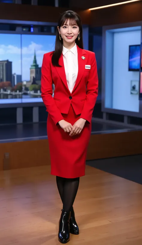  Front view, Full body, looking at camera,  standing on floor,  hands clasped together , female New  news anchor, 1 beautiful Japanese women ,20-age, (black  straight middle hair,  fringe,  gold earring ,smile) ,(D cup breasts, middle hip), (White elegant ...