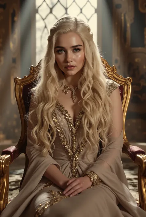 Targaryen princess, gown, throne room, godrays, long hair 