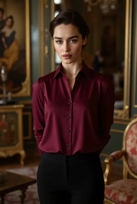  b3b4h4nv3flx in mulbery shirt and black pants posing in a room, silk, satin, black, inspiration, onyx, amber, anja millen, wearing silk, close portrait, essence, victoria, portrait, classic portrait, elegant style, detailed realistic skin texture, realski...