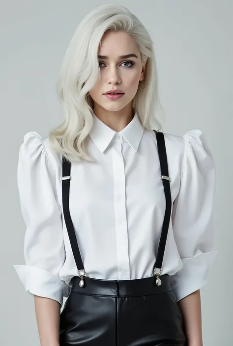 Beautiful selfies of ladies wearing their white shirt or satin blouses with black leather pants and suspenders 🥰, silver white hair