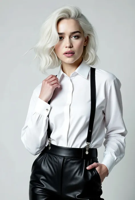 Beautiful selfies of ladies wearing their white shirt or satin blouses with black leather pants and suspenders 🥰, silver white hair