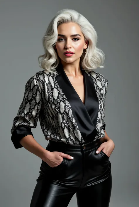 Woman wearing a snake print satin blouse and leather pants, white silver hair, seductive smile, photo studio background, backlit
