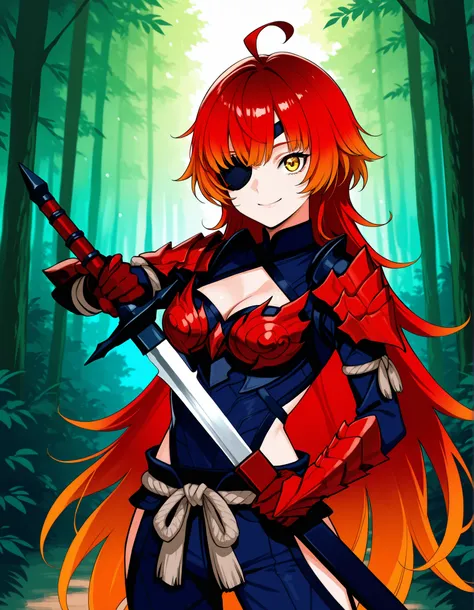 score_9, score_8_up, score_7_up, source_anime, 1girl, solo, young, big eyes, smile, ahoge, eyepatch, holding sword unsheathing, wolf cut, very long hair, red hair, gradient hair, multicolored hair, orange hair, detailed eyes, Enchanting Eyes, yellow eyes, ...