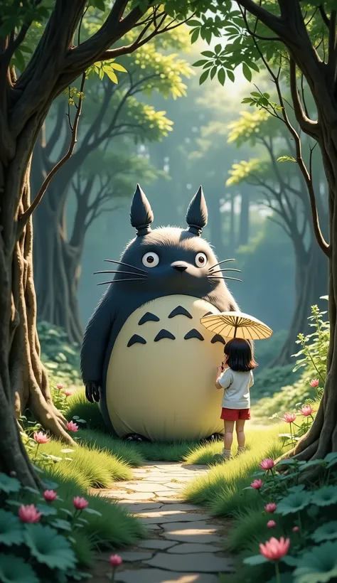   in the woods、and My Neighbor Totoro、A large Totoro、Big tree roots、I'm holding a lotus leaf umbrella、standing、((cherry blossoms))