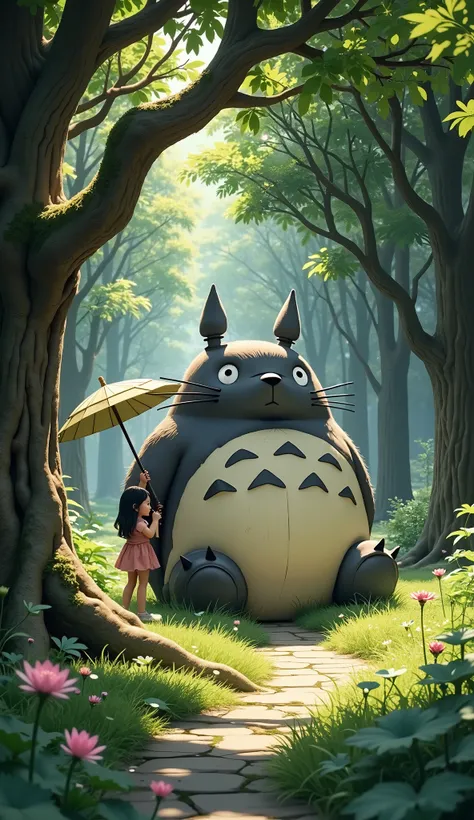   in the woods、and My Neighbor Totoro、A large Totoro、Big tree roots、I'm holding a lotus leaf umbrella、standing、((cherry blossoms))