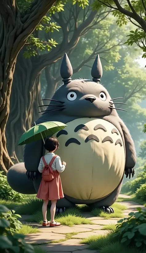   in the woods、and My Neighbor Totoro、A large Totoro、Big tree roots、I'm holding a lotus leaf umbrella、standing、