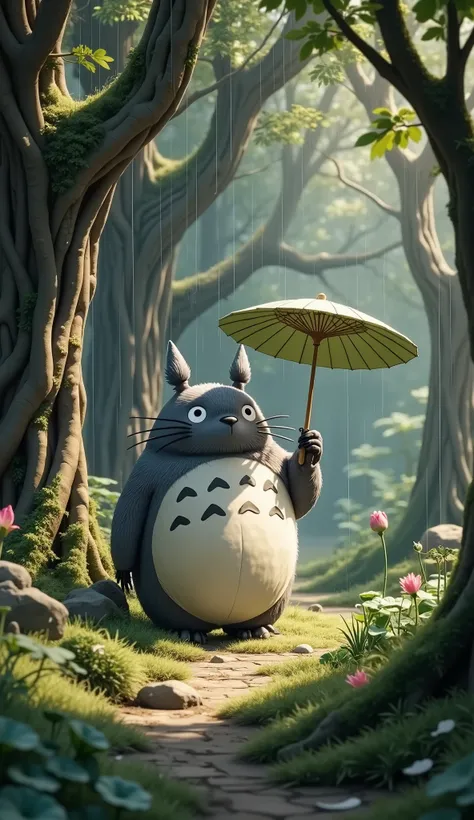   in the woods、and My Neighbor Totoro、A large Totoro、Big tree roots、is holding a lotus leaf umbrella、standing、