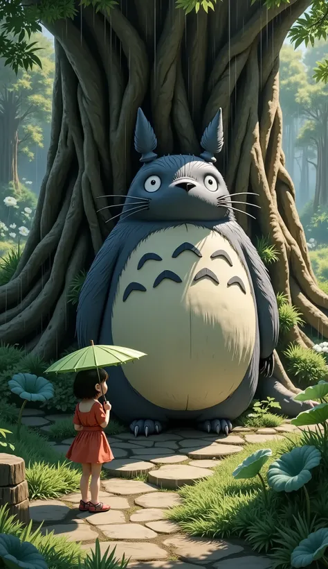   in the woods、and My Neighbor Totoro、A large Totoro、Big tree roots、I'm holding a lotus leaf umbrella、standing、((heavy rain))