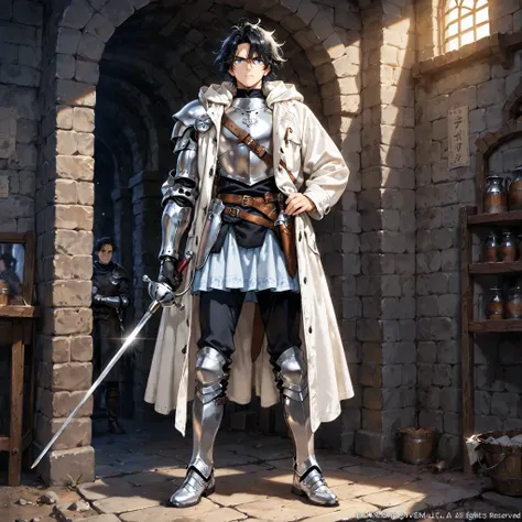 Male, Man, Adult, Black Hair, Blue Eyes, Black Body Suit, Knee High Silver Boots, Silver Chestplate, White Coat Draped Over, Pale Blue Skirt, Silver And Gold Left Prosthetic Arm, Neutral Expression Perfect Generation, Solo Image, Messy Hair, Detailed Gener...