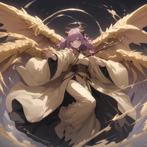 master piece, 1 girl, solo, dragon wings, multiple wings, wavy hair, purple hair, steampunk goggles, dragon_hybrid, wizzard staff, staff, magic, full body, aiming, flying, purple, steampunk theme, dragon theme, dragon ears, dragon tail, golden scales, purp...