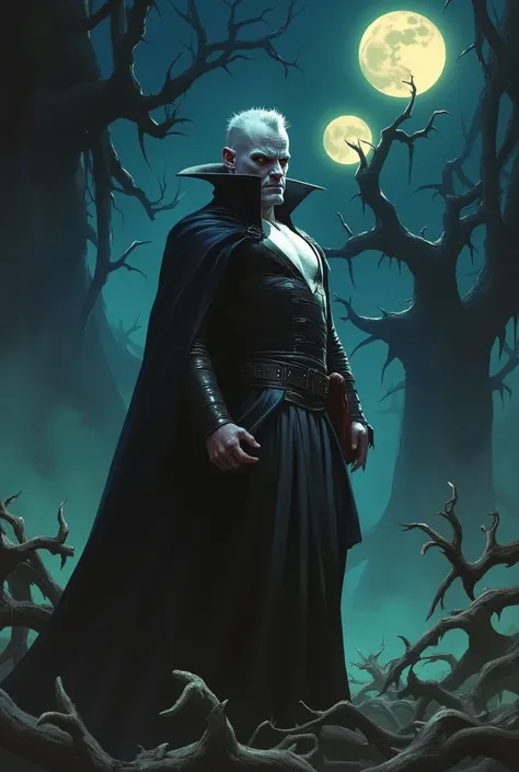 A full-body illustration of a medieval vampire in horror comic book style, and sharp fangs peek from his lips. The background is a dark, foggy forest with twisted trees and twin moons in the sky. The visual style is dramatic, with intense shadows, expressi...