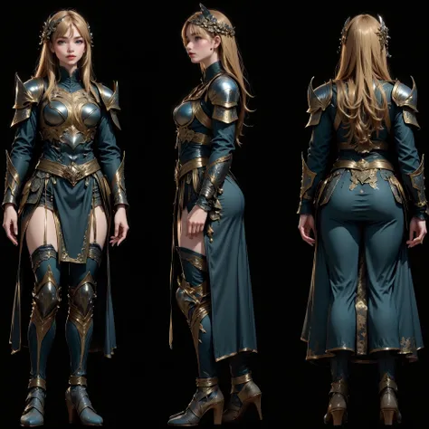 chara-sheet, characterDesignSheetQuiron, character design sheet multiple views, anime woman, full body, character turnaround, multiple perspectives, front view, side view, mixed Japanese European, beautiful woman, blonde, blue eyes, Warrior Empress, in her...