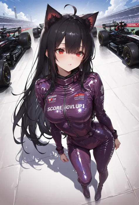 Core_9, sCore_8_up, sCore_7_up, super detail , tall details , High Quality , best quality , highres , Dynamic Angle 4K, forehead,  , junkotvvxl , red eyes, black hair, cat ears, blows, hair between eyes, long hair, , (Ahoge), straight bangs, hair between e...