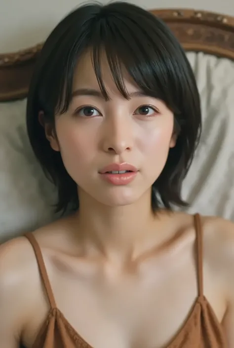 (( top quality )), ((masterpiece)), ( details), Japanese, first-person view ,1 girl, sexy,( in bedroom),((( abnormally large breasts , underwear, short bob hair))), black hair , (( without makeup, small eyes))