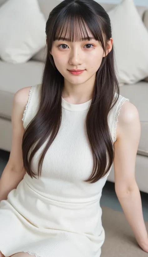 depicting a young woman sitting on the floor、An image showing a cozy indoor appearance. She's light-colored, Probably white or light brown, I'm {x} wearing a sleeveless dress with lace details. her posture is relaxed; She sat cross-legged、with her arms on ...