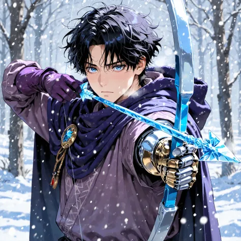 Male, Adult, Black Hair, Blue Eyes Silver And Gold Left Prosthetic Arm, Neutral Expression, Masterpiece Quality, Solo Image, Messy Hair, Single Prosthetic Arm, Masculine Face, Quality Eyes, Dark Purple Hood and Cape, Long Sleeve Purple Shirt, Purple Gloves...