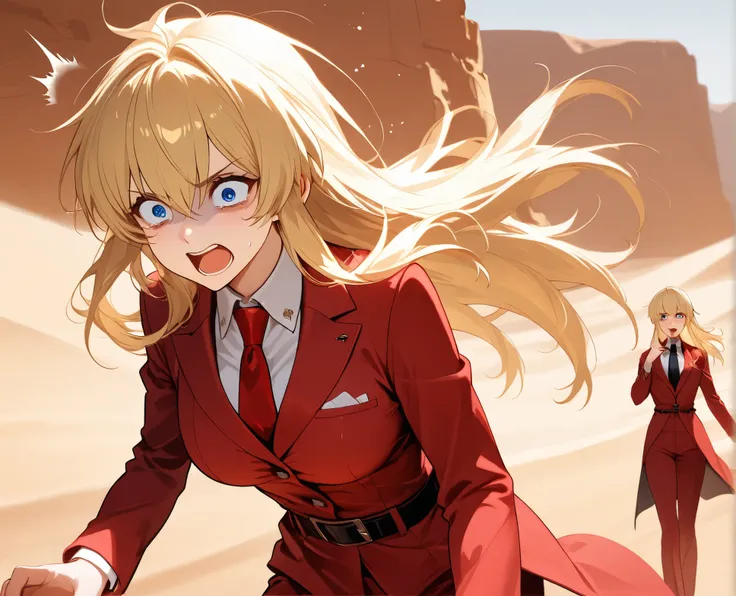 g0eniko, blonde hair, blue eyes, long hair, red formal clothes, frightened, desert