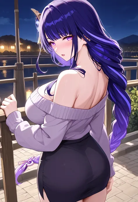 ultra-detailed,(best quality),((masterpiece)),(highres),original,extremely, beautiful wife, milf, raiden shogun, attractive mature lady, mature, sexy, erotic, 1girl, purple eyes, large breasts, purple hair, blush, Rutting, expressionless, orgasm, attract l...