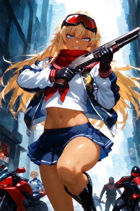 score_9, score_8_up, score_7_up, score_6_up, score_5_up, score_4_up,anime artwork masterpiece,best quality, unreal engine, ultra res, extremely detailed, One Girl,blonde hair,long hair,blue eyes,glowing eye trail,tan skin,biker goggles on head,black sailor...