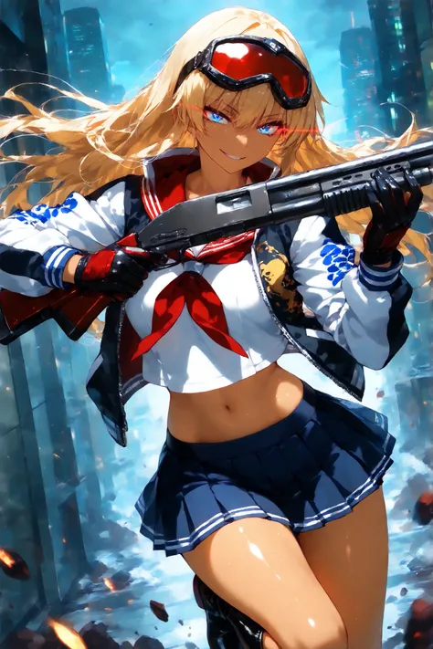 score_9, score_8_up, score_7_up, score_6_up, score_5_up, score_4_up,anime artwork masterpiece,best quality, unreal engine, ultra res, extremely detailed, One Girl,blonde hair,long hair,blue eyes,glowing eye trail,tan skin,biker goggles on head,black sailor...