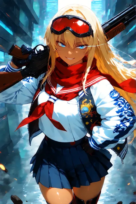 score_9, score_8_up, score_7_up, score_6_up, score_5_up, score_4_up,anime artwork masterpiece,best quality, unreal engine, ultra res, extremely detailed, One Girl,blonde hair,long hair,blue eyes,glowing eye trail,tan skin,biker goggles on head,black sailor...