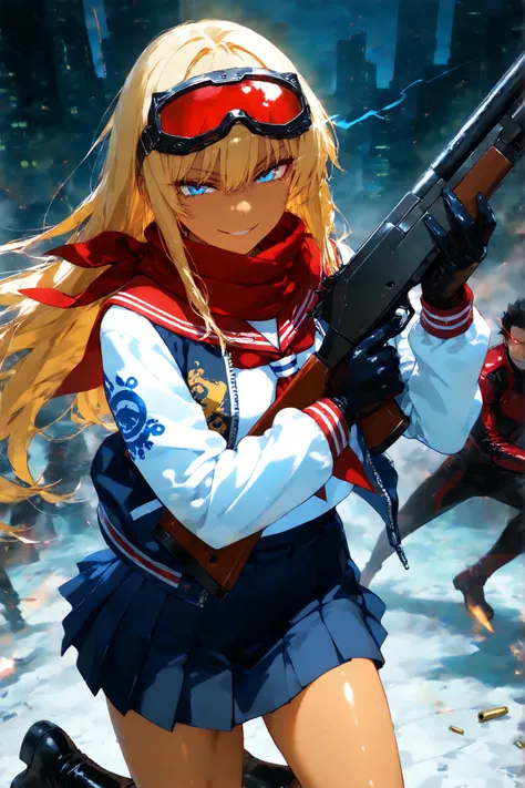 score_9, score_8_up, score_7_up, score_6_up, score_5_up, score_4_up,anime artwork masterpiece,best quality, unreal engine, ultra res, extremely detailed, One Girl,blonde hair,long hair,blue eyes,glowing eye trail,tan skin,biker goggles on head,black sailor...