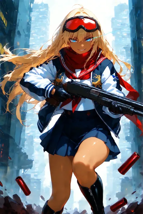 score_9, score_8_up, score_7_up, score_6_up, score_5_up, score_4_up,anime artwork masterpiece,best quality, unreal engine, ultra res, extremely detailed, One Girl,blonde hair,long hair,blue eyes,glowing eye trail,tan skin,biker goggles on head,black sailor...