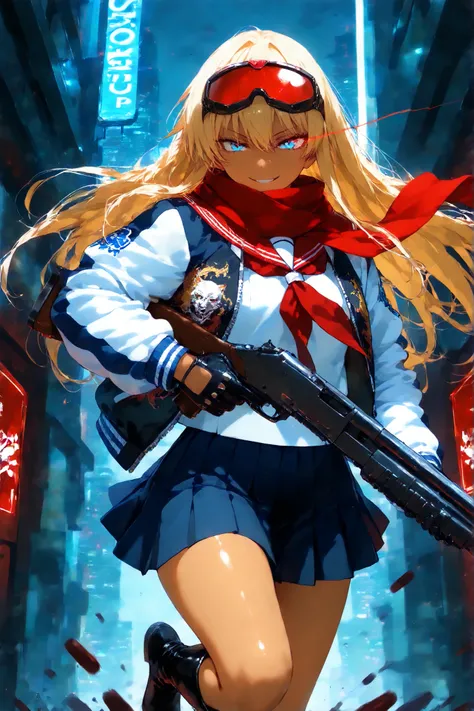 score_9, score_8_up, score_7_up, score_6_up, score_5_up, score_4_up,anime artwork masterpiece,best quality, unreal engine, ultra res, extremely detailed, One Girl,blonde hair,long hair,blue eyes,glowing eye trail,tan skin,biker goggles on head,black sailor...