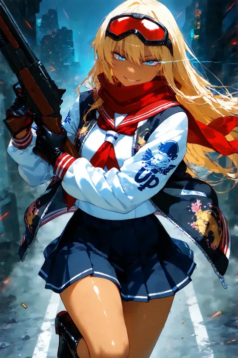 score_9, score_8_up, score_7_up, score_6_up, score_5_up, score_4_up,anime artwork masterpiece,best quality, unreal engine, ultra res, extremely detailed, One Girl,blonde hair,long hair,blue eyes,glowing eye trail,tan skin,biker goggles on head,black sailor...